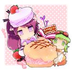  1girl animal_ears bad_id bad_pixiv_id chibi cream_puff food food_as_clothes fruit goggles green_eyes green_hair gumi kamui_gakupo long_hair lowres macaron pastry ponytail purple_hair ribbon saki_(hxaxcxk) smile strawberry vocaloid 