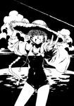  braid copyright_request fang greyscale hat monochrome ocean one-piece_swimsuit open_mouth school_swimsuit solo swimsuit takanashi_ringo v 