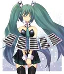  aki_(mare_desiderii) aqua_hair bad_id bad_pixiv_id card club_(shape) diamond_(shape) floating floating_card gradient_hair green_eyes hatsune_miku heart long_hair multicolored_hair solo spade_(shape) thighhighs twintails very_long_hair vocaloid 