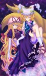  blonde_hair carrying elbow_gloves fox_tail gloves hair_ribbon hat long_hair long_sleeves mimana multiple_girls multiple_tails pillow_hat princess_carry puffy_short_sleeves puffy_sleeves purple_eyes ribbon shoes short_hair short_sleeves socks tail tassel touhou wide_sleeves yakumo_ran yakumo_yukari yellow_eyes 