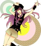  bad_id bad_pixiv_id belt bracelet casual clannad clothes_writing fujibayashi_kyou hair_ribbon hat jewelry long_hair necklace purple_eyes purple_hair ribbon shirt shorts sleeveless solo t-shirt unyou_(winterstalgia) 