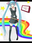  aqua_hair arms_behind_back belt blue_eyes blush casual hair_ribbon hatsune_miku koumei_(harmonizer) legs long_hair rainbow rainbow_path ribbon skirt smile solo thighhighs twintails very_long_hair vocaloid zettai_ryouiki 