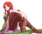  braid china_dress chinese_clothes crossed_legs dress green_eyes hong_meiling pantyhose red_hair sitting smile solo stretch touhou verynezumi 