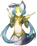  agi ahoge animal_ears ass_visible_through_thighs blue_hair blush cat_ears cat_tail cropped_legs fork green_eyes knife long_hair meracle_chamlotte navel o-ring simple_background solo star_ocean star_ocean_the_last_hope tail thigh_gap twintails white_background 