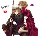  1girl assault_rifle axis_powers_hetalia beret blonde_hair dress dress_lift flag garters gun handgun hat hys122211 liechtenstein_(hetalia) military military_uniform protecting rifle short_hair siblings striped switzerland_(hetalia) thighhighs uniform weapon white_legwear 