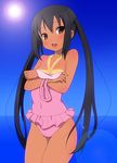  black_hair brown_eyes k-on! kyoku_tou lens_flare long_hair nakano_azusa one-piece_swimsuit one-piece_tan pink_swimsuit solo swimsuit tan tanline twintails 