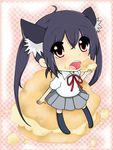  animal_ears black_hair blush brown_eyes cat_ears chibi eating food food_on_face highres k-on! long_hair nakano_azusa neck_ribbon open_mouth red_ribbon ribbon round_teeth school_uniform sitting skirt socks solo teeth twintails yuchi_(pixiv) 