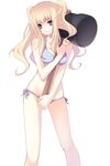  bikini blonde_hair hammer hands highres long_hair nana_mikoto original oversized_object purple_eyes side-tie_bikini smile solo swimsuit twintails 