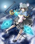  animal_ears basket capelet dowsing_rod flying grey_hair jewelry moon mouse mouse_ears mouse_tail nazrin pendant red_eyes short_hair sky solo tail touhou tri 