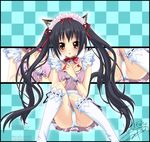  animal_ears black_hair blush brown_eyes cat_ears checkered checkered_background hairband highres k-on! kneehighs loli-pig long_hair nakano_azusa panties ribbon sitting skirt socks solo tail twintails underwear upskirt 