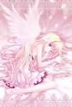  angel_wings bare_legs bare_shoulders barefoot blonde_hair dress feet hands koto_(colorcube) long_hair looking_at_viewer lying nail_polish on_side original pink_nails purple_eyes solo sundress very_long_hair wings 