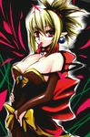  atoshi bad_id bad_pixiv_id blonde_hair bow breasts cleavage disgaea dress earrings jewelry large_breasts makai_senki_disgaea_2 mouth_hold red_eyes rozalin solo strapless strapless_dress yellow_bow 