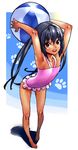  armpits ball barefoot beachball black_hair brown_eyes flat_chest hijiki_(b-stroke) k-on! long_hair nakano_azusa one-piece_swimsuit pink_swimsuit solo swimsuit tan twintails 