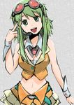  goggles green_eyes green_hair gumi headset middle_finger midriff navel open_mouth pointing shuuhei_(shoohey) solo vocaloid 