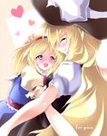  :d ^_^ ^o^ alice_margatroid bad_id bad_pixiv_id blonde_hair blue_dress blush closed_eyes dress from_side hat heart height_difference hug kirisame_marisa lowres multiple_girls open_mouth pixiv puffy_short_sleeves puffy_sleeves short_sleeves smile sys.ao touhou witch_hat yuri 