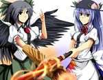  arm_cannon bad_id bad_pixiv_id black_hair blue_hair food fruit hat hinanawi_tenshi leaf mugenshiki multiple_girls peach reiuji_utsuho sword sword_of_hisou touhou weapon 