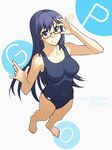  adjusting_eyewear barefoot black_eyes blue_hair from_above glasses hands highres kamatori_pokari long_hair mole mole_under_eye one-piece_swimsuit original school_swimsuit solo swimsuit 