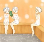  bare_legs bare_shoulders barefoot blonde_hair blush body_blush brown_hair closed_eyes crossover eila_ilmatar_juutilainen eyebrows feet grey_hair hair_ornament hair_up hairclip hamao k-on! kotobuki_tsumugi multiple_girls naked_towel plantar_flexion sanya_v_litvyak sauna steam strike_witches sweatdrop towel world_witches_series 