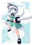  black_hairband blue_eyes blush fighting_stance hairband hitodama katana konpaku_youmu konpaku_youmu_(ghost) naitou_kouse short_hair silver_hair solo sword touhou weapon 