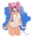 green_eyes kamdia korean one-piece_swimsuit original outstretched_wrists pink_hair solo swimsuit thigh_gap translated twintails wide_hips 