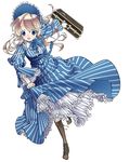  blonde_hair blue_eyes bonnet boots cross-laced_footwear dress frills full_body gloves lace-up_boots lingerie long_hair luggage original petticoat ribbon running skirt_hold smile solo striped tomiwo underwear victorian 