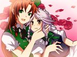  bad_id bad_pixiv_id blush braid flower hairband hand_on_another's_cheek hand_on_another's_face hat hong_meiling izayoi_sakuya multiple_girls pun2 red_hair ribbon rose short_hair silver_hair touhou twin_braids yuri 