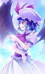  bat_wings blue_hair cup dress fang glowing glowing_eyes hat otogi_kyouka red_eyes remilia_scarlet short_hair solo teacup touhou wings 