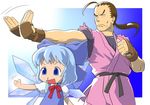  1girl ahoge beckoning blue_eyes blue_hair bow brown_hair chibi cirno crossover dress fingerless_gloves gloves hair_bow hibiki_dan japanese_clothes kimono long_hair ogu_(oguogu) ponytail ribbon short_hair smile snot street_fighter touhou wings 