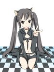  animal_ears black_hair black_rock_shooter black_rock_shooter_(character) black_rock_shooter_(character)_(cosplay) cat_ears checkered cosplay k-on! long_hair look-alike midriff nakano_azusa nasunoko solo twintails v 