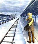  blonde_hair blue_eyes kagamine_len male_focus paraiso railroad_tracks ribbon scarf snow solo train_station vocaloid 