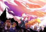  :p archer_(disgaea) bad_id bad_pixiv_id black_capelet blonde_hair bow_(weapon) capelet cloud disgaea dress drill_hair mage_(disgaea) multiple_girls pink_hair pointy_ears prinny ribbon sky smile staff tongue tongue_out vinashyra weapon 