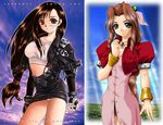  aerith_gainsborough bow brown_hair cloud collage cropped_jacket day dress final_fantasy final_fantasy_vii inoue_tomii jacket leather leather_jacket long_hair low-tied_long_hair multiple_girls pencil_skirt pink_bow pink_dress shirt skirt sky taut_clothes taut_shirt tifa_lockhart 