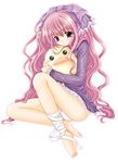  barefoot blush cute hair_ribbon long_hair purple_eyes purple_hair ribbon stuffed_animal violet_eyes 