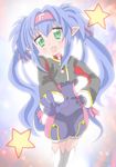  :3 blue_hair cosplay gloves green_eyes headband izumi_konata klan_klein klan_klein_(cosplay) long_hair lucky_star macross macross_frontier mole mole_under_eye pointy_ears solo thighhighs twintails yamasaki_wataru 