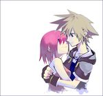  1girl artist_request blue_eyes brown_hair couple fingerless_gloves gloves hetero hug jewelry kairi_(kingdom_hearts) kingdom_hearts kingdom_hearts_ii necklace red_hair smile sora_(kingdom_hearts) 