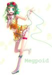  \m/ bad_id bad_pixiv_id belt boots goggles green_eyes green_hair gumi headphones headset highres microphone midriff ribbon shino-s skirt smile solo thighhighs vocaloid wing_collar wrist_cuffs 