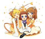  2girls androgynous animal_ears bad_id bad_pixiv_id blonde_hair blue_eyes chibi child closed_eyes crown gloves hair_bobbles hair_ornament hat maria_(umineko) meimone mini_hat mini_top_hat multiple_girls necktie orange_hair purple_eyes red_hair ribbon sakutarou short_hair smile staff top_hat umineko_no_naku_koro_ni ushiromiya_ange younger 