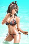  bad_id bad_pixiv_id bikini breasts brown_hair cleavage dark_skin earrings freesia_york green_nails h-y-d highres jewelry large_breasts nail_polish navel_piercing piercing red_eyes senjou_no_valkyria senjou_no_valkyria_1 side-tie_bikini smile solo swimsuit untied water 