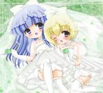  blonde_hair blue_hair blush bow bridal_veil bride child choker clover dress elbow_gloves fang four-leaf_clover furude_rika gloves hair_bow higurashi_no_naku_koro_ni houjou_satoko multiple_girls one_eye_closed purple_eyes red_eyes satoru_(hanayoru) thighhighs veil wedding_dress 