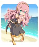  :3 absurdres beach blue_eyes blush day highres long_hair megurine_luka pink_hair side_slit smile solo takoluka thighhighs vocaloid yooguru 