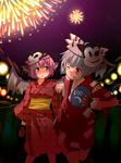  2girls :o ;) adapted_costume aerial_fireworks alternate_hairstyle animal_ears bad_id bad_pixiv_id blush bow earrings festival fireworks fujiwara_no_mokou grey_hair grin hair_bow hand_fan highres holding holding_another's_wrist holding_fan japanese_clothes jewelry jinbei_(clothes) kimono kinchaku looking_at_another mask mask_on_head multiple_girls mystia_lorelei night night_sparrow_love nose_blush obi ofuda one_eye_closed outdoors paper_fan pink_hair pouch pulling pun2 red_eyes sash short_hair single_earring smile summer_festival touhou uchiwa wings yukata 