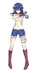  arm_behind_back blue_hair boots card choker covered_navel denim denim_shorts duel_masters fingerless_gloves full_body gloves gogochi holding holding_card knee_boots long_hair pigeon-toed shorts solo tasogare_mimi thigh_strap white_background yellow_eyes 