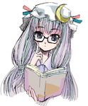  adjusting_eyewear atoshi bespectacled book glasses hat patchouli_knowledge purple_eyes solo touhou 