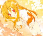  asahina_mikuru bed blush eretto food fruit long_hair lying orange orange_hair pajamas pillow pillow_hug red_eyes smile solo suzumiya_haruhi_no_yuuutsu 