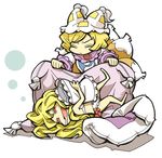  barefoot blonde_hair chibi closed_eyes covering_with_blanket fox_tail full_body hat hounori lingerie long_hair long_sleeves multiple_girls multiple_tails pillow_hat red_eyes saliva short_hair simple_background sleeping tail tassel touhou underwear white_background wide_sleeves yakumo_ran yakumo_yukari 