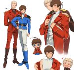  2boys amuro_ray blonde_hair blue_jacket brown_jacket char&#039;s_counterattack char_aznable chibi chibi_inset earth_federation_space_forces ekomozzarella embarrassed gundam hand_on_own_hip jacket military_uniform multiple_boys multiple_views neo_zeon red_jacket shirt undressing white_background white_shirt yaoi 