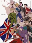  2girls 6+boys absurdres agravain_(fate) ahoge airgetlam_(fate) armor armored_dress artoria_pendragon_(fate) axis_powers_hetalia bandeau bedivere_(fate) black_hair blonde_hair bow_(weapon) cape clarent_(fate) closed_eyes country_connection crossover dress excalibur_galatine_(fate) failnaught_(fate) falling_petals fate/grand_order fate_(series) fur-trimmed_cape fur_trim gawain_(fate) gloves green_eyes grey_eyes hair_bun hair_ribbon highres holding holding_bow_(weapon) holding_staff holding_sword holding_weapon jacket knights_of_the_round_table_(fate) kome_043 lancelot_(fate/grand_order) long_hair long_sleeves merlin_(fate) mordred_(fate) multiple_boys multiple_girls necktie open_mouth pants petals ponytail prosthesis prosthetic_arm purple_eyes purple_hair red_hair ribbon robe saber_(fate) shirt short_hair sidelocks smile staff sword thick_eyebrows tristan_(fate) union_jack united_kingdom_(hetalia) weapon white_hair white_robe 
