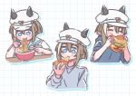  1girl =_= akamirai alternate_costume animal_ears blue_eyes blue_sweater brown_hair burger casual cheval_grand_(umamusume) chopsticks ear_covers food grey_shirt hair_between_eyes hat hat_belt holding holding_chopsticks holding_food hood hooded_sweater horse_ears horse_girl long_sleeves multicolored_hair multiple_views noodles peaked_cap pizza ramen sailor_collar sailor_shirt shirt streaked_hair sweater umamusume white_hair white_hat 