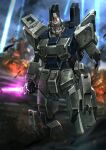  battle_damage beam_saber blurry blurry_background blurry_foreground bullet_hole commentary debris english_commentary feet_out_of_frame fire glowing glowing_eyes gundam gundam_08th_ms_team gundam_ez8 highres holding holding_sword holding_weapon looking_at_viewer mecha mecha_focus missing_limb mobile_suit no_humans outdoors porukima radio_antenna red_eyes robot science_fiction smoke solo standing sword thrusters weapon 