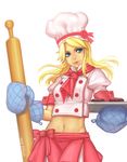  blonde_hair blue_eyes chef chef_hat chef_uniform gloves hat league_of_legends long_hair luxanna_crownguard midriff oven_mitts rolling_pin solo toque_blanche vmat 